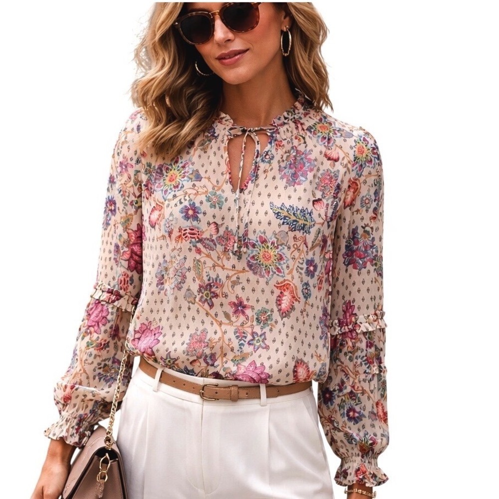 LOFT Women's Floral Print Long Sleeve Semi-Sheer Ruffle‎ Split Neck Blouse Sz MP